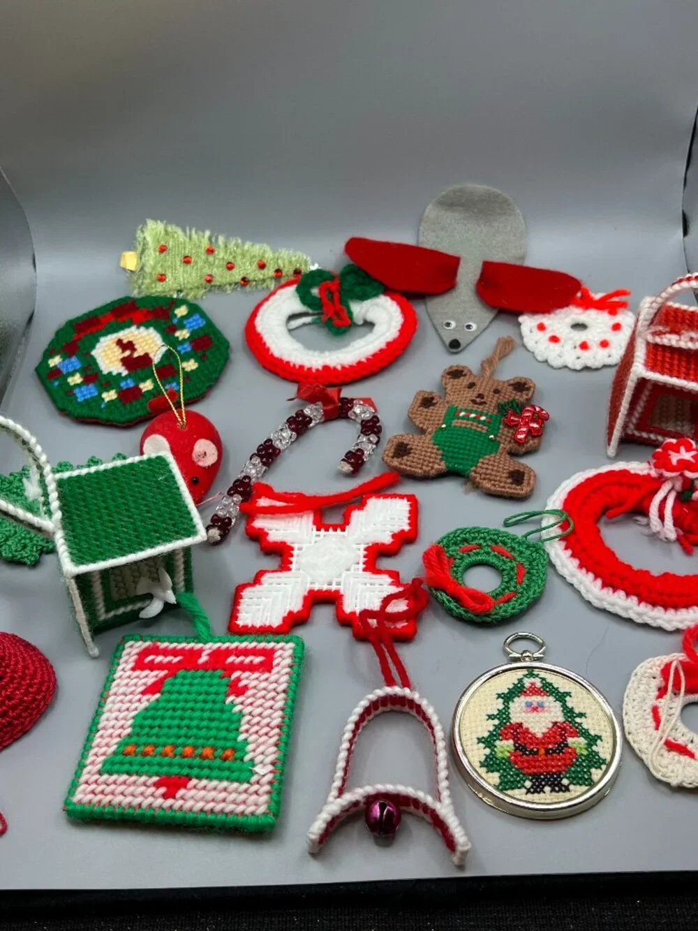 christmas ornaments handmade kitshy lot of 19 crochet yarn canvas 80s